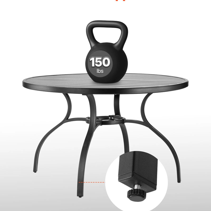 VEVOR āra terases apaļš metāla tērauda līstīšu ēdamgalds Ø120 cm ar 38 mm saulessarga atveri, dārzam un lievenim, melns