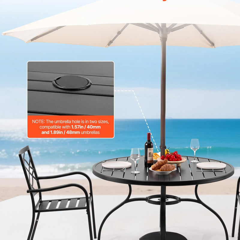 VEVOR āra ēdamgalds, 120 cm apaļš metāla dārza galds ar tērauda lamelēm un 38 mm lietussarga atveri, laikapstākļu izturīgas mēbeles dārzam, terasei un pagalmam, melns