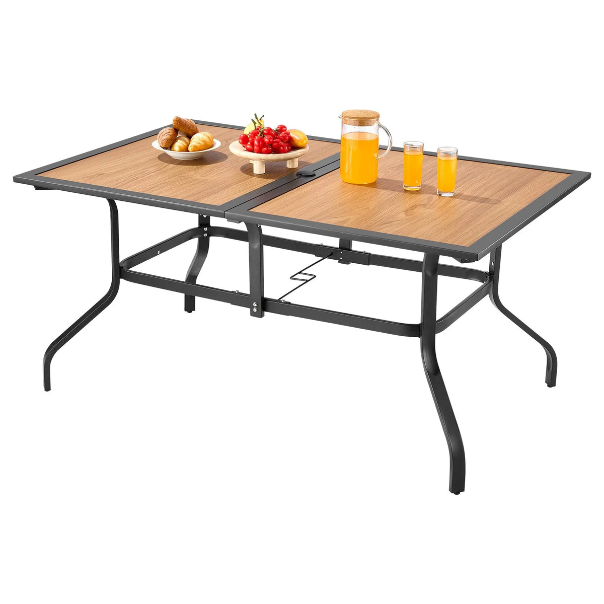 VEVOR Outdoor Patio Table, 150 cm Rectangular Steel Table with Wood-Effect Top, Seats 4–6 People, 38 mm Umbrella Hole, Weather-Resistant Garden and Terrace Table, Brown