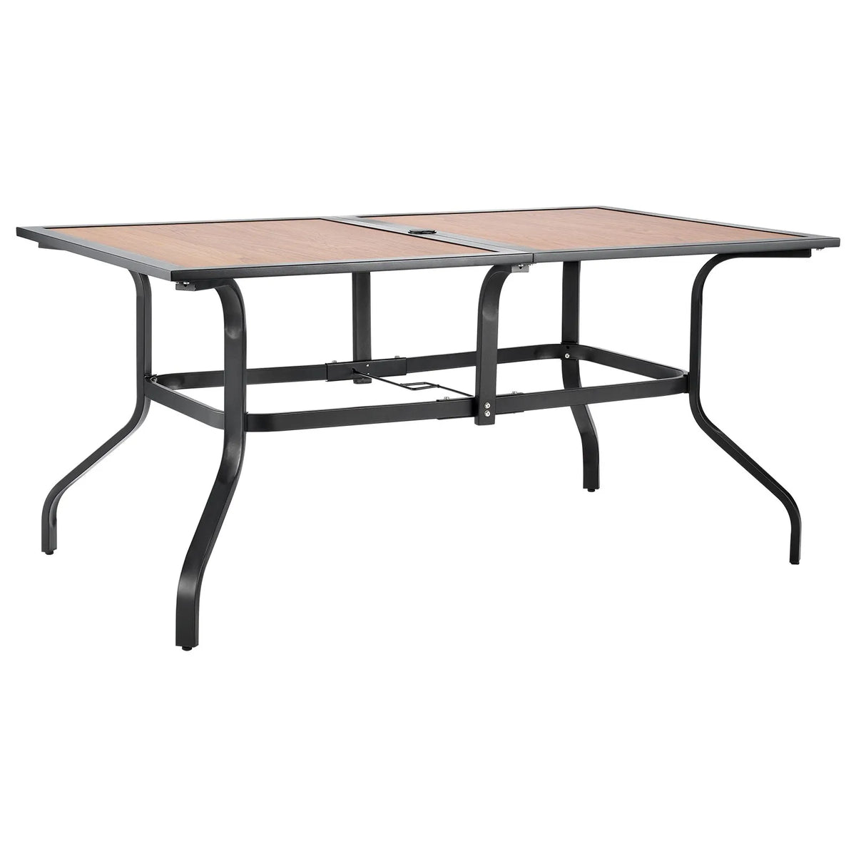 VEVOR Outdoor Patio Table, 150 cm Rectangular Steel Table with Wood-Effect Top, Seats 4–6 People, 38 mm Umbrella Hole, Weather-Resistant Garden and Terrace Table, Brown