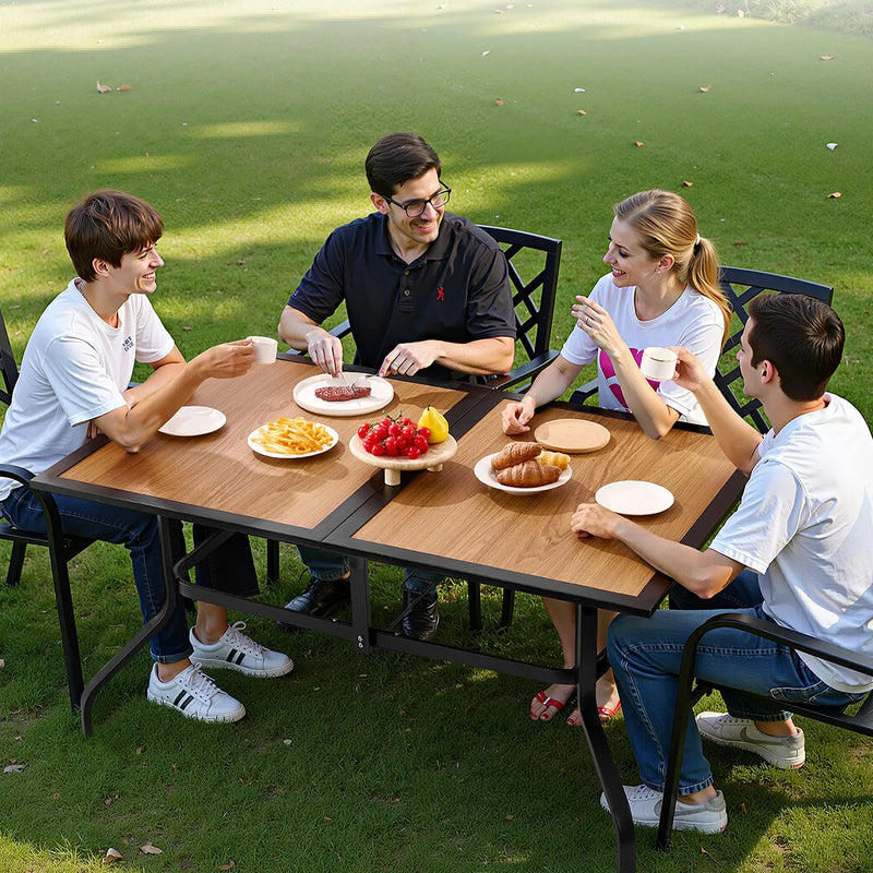 VEVOR āra terases galds, 150 cm taisnstūra tērauda galds ar koka imitācijas virsmu, piemērots 4–6 personām, ar 38 mm saulessarga atveri, laikapstākļu izturīgs dārza un lieveņa galds, brūns