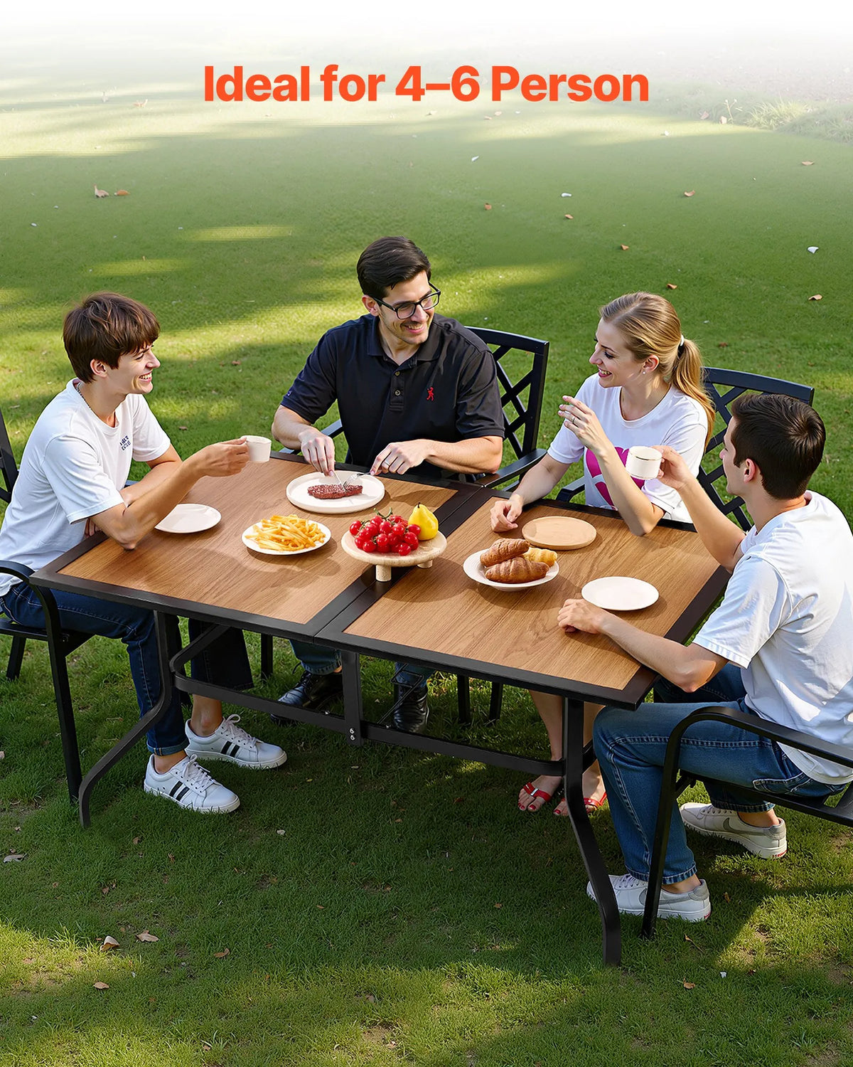 VEVOR Outdoor Patio Table, 150 cm Rectangular Steel Table with Wood-Effect Top, Seats 4–6 People, 38 mm Umbrella Hole, Weather-Resistant Garden and Terrace Table, Brown