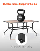 VEVOR āra terases galds, 150 cm taisnstūra tērauda galds ar koka imitācijas virsmu, piemērots 4–6 personām, ar 38 mm saulessarga atveri, laikapstākļu izturīgs dārza un lieveņa galds, brūns