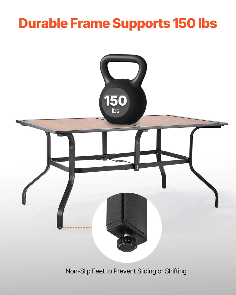 VEVOR āra terases galds, 150 cm taisnstūra tērauda galds ar koka imitācijas virsmu, piemērots 4–6 personām, ar 38 mm saulessarga atveri, laikapstākļu izturīgs dārza un lieveņa galds, brūns