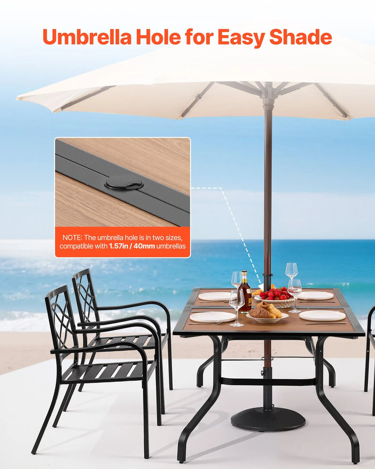 VEVOR Outdoor Patio Table, 150 cm Rectangular Steel Table with Wood-Effect Top, Seats 4–6 People, 38 mm Umbrella Hole, Weather-Resistant Garden and Terrace Table, Brown