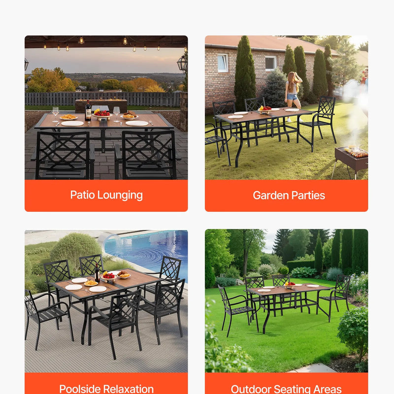 VEVOR āra terases galds, 150 cm taisnstūra tērauda galds ar koka imitācijas virsmu, piemērots 4–6 personām, ar 38 mm saulessarga atveri, laikapstākļu izturīgs dārza un lieveņa galds, brūns