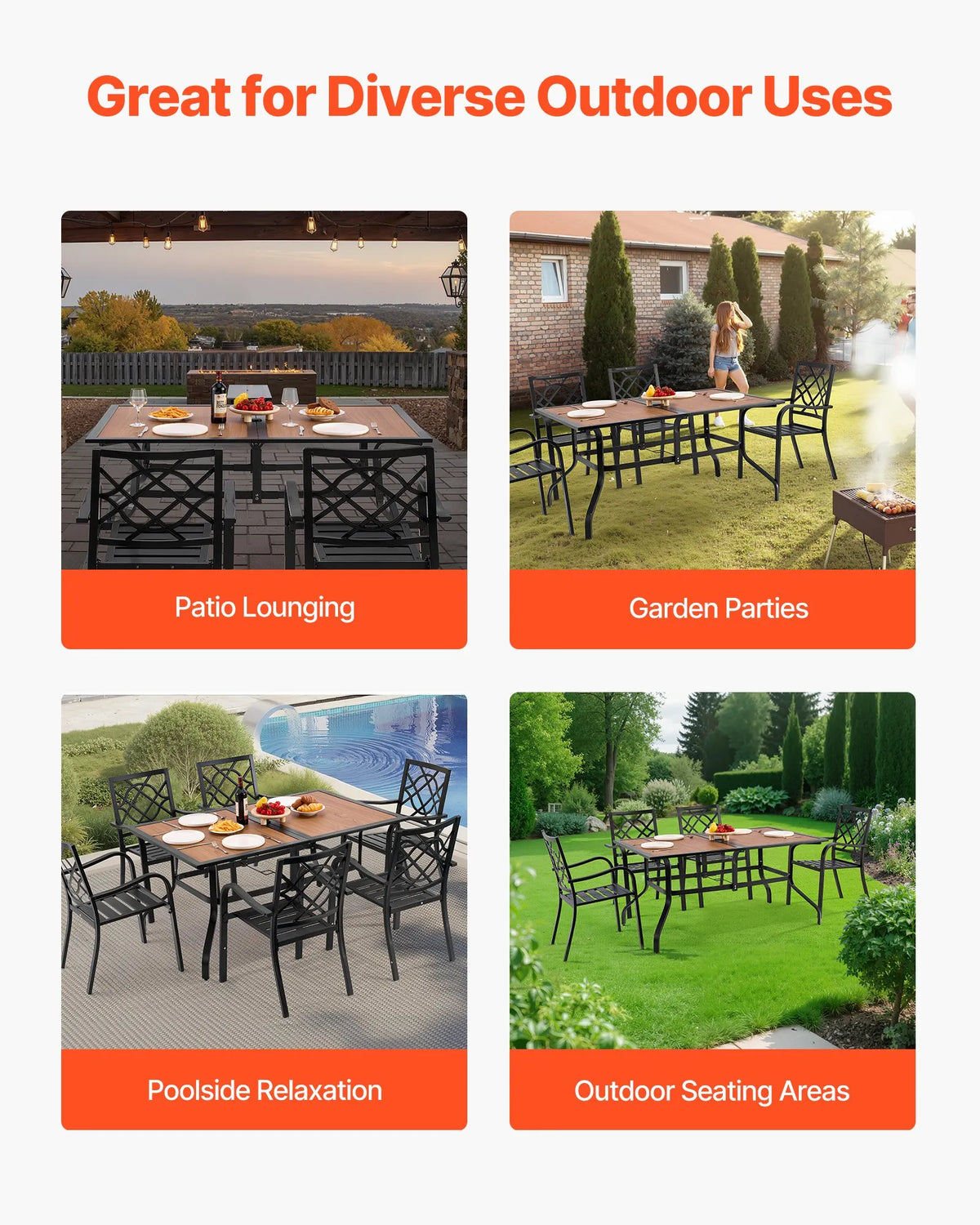 VEVOR Outdoor Patio Table, 150 cm Rectangular Steel Table with Wood-Effect Top, Seats 4–6 People, 38 mm Umbrella Hole, Weather-Resistant Garden and Terrace Table, Brown