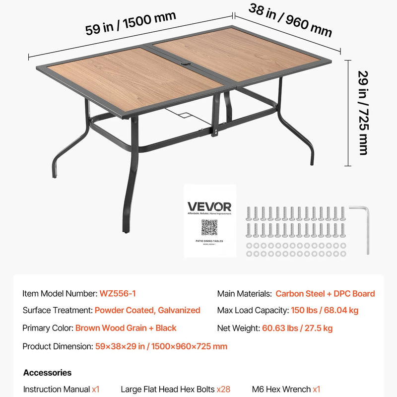 VEVOR āra terases galds, 150 cm taisnstūra tērauda galds ar koka imitācijas virsmu, piemērots 4–6 personām, ar 38 mm saulessarga atveri, laikapstākļu izturīgs dārza un lieveņa galds, brūns