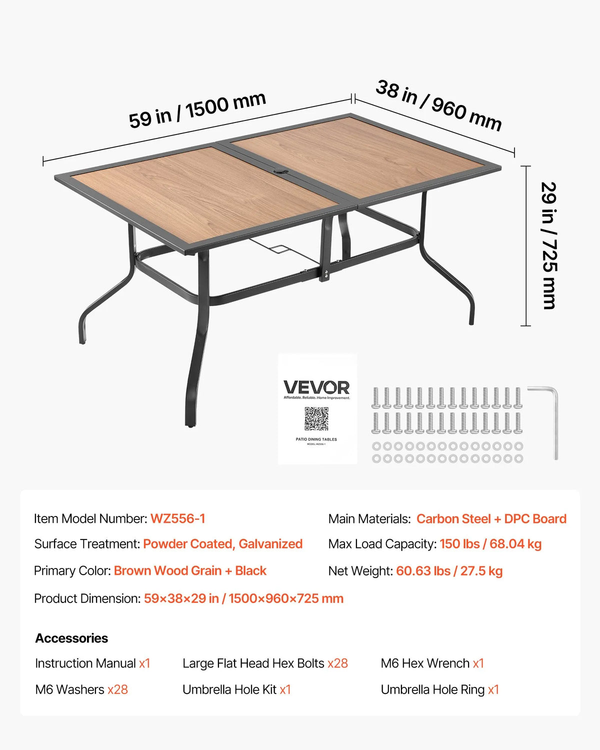 VEVOR Outdoor Patio Table, 150 cm Rectangular Steel Table with Wood-Effect Top, Seats 4–6 People, 38 mm Umbrella Hole, Weather-Resistant Garden and Terrace Table, Brown