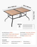 VEVOR āra terases galds, 150 cm taisnstūra tērauda galds ar koka imitācijas virsmu, piemērots 4–6 personām, ar 38 mm saulessarga atveri, laikapstākļu izturīgs dārza un lieveņa galds, brūns