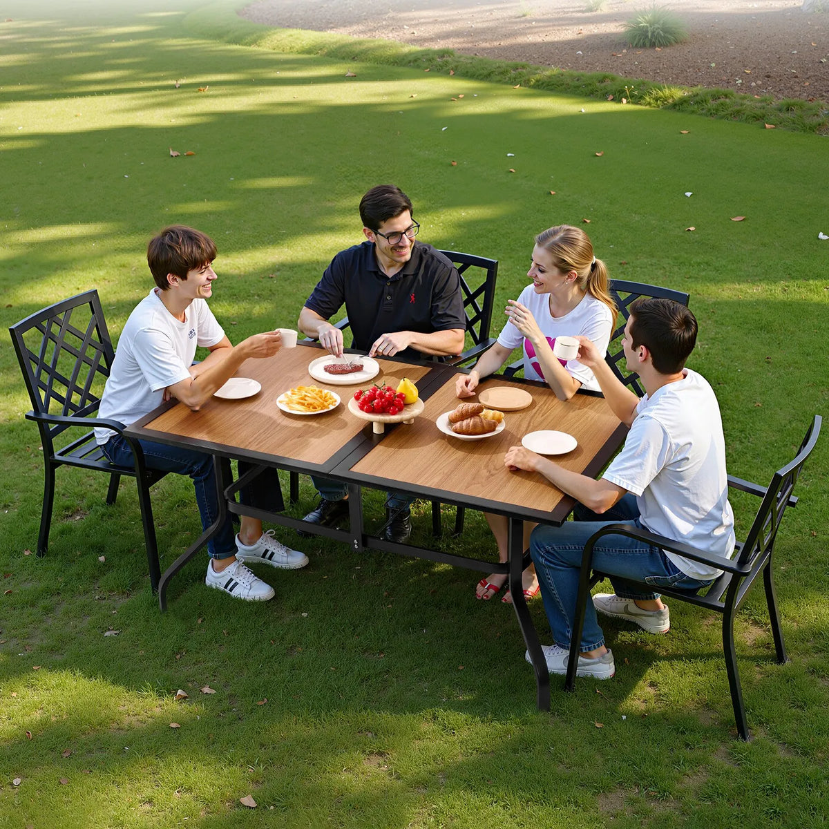 VEVOR Outdoor Patio Table, 150 cm Rectangular Steel Table with Wood-Effect Top, Seats 4–6 People, 38 mm Umbrella Hole, Weather-Resistant Garden and Terrace Table, Brown