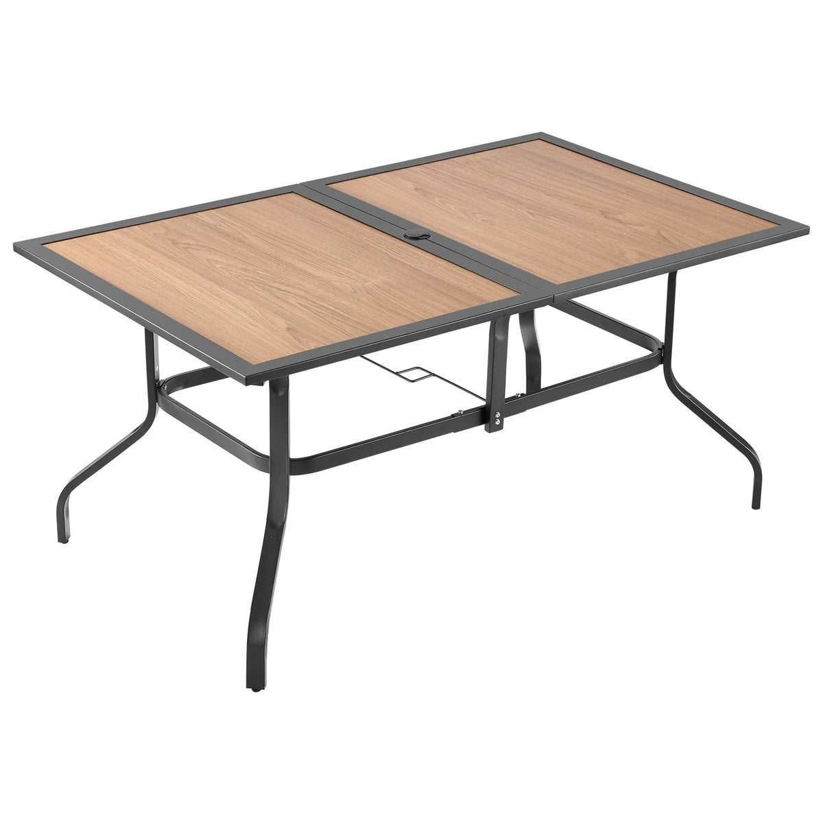 VEVOR Outdoor Patio Table, 150 cm Rectangular Steel Table with Wood-Effect Top, Seats 4–6 People, 38 mm Umbrella Hole, Weather-Resistant Garden and Terrace Table, Brown