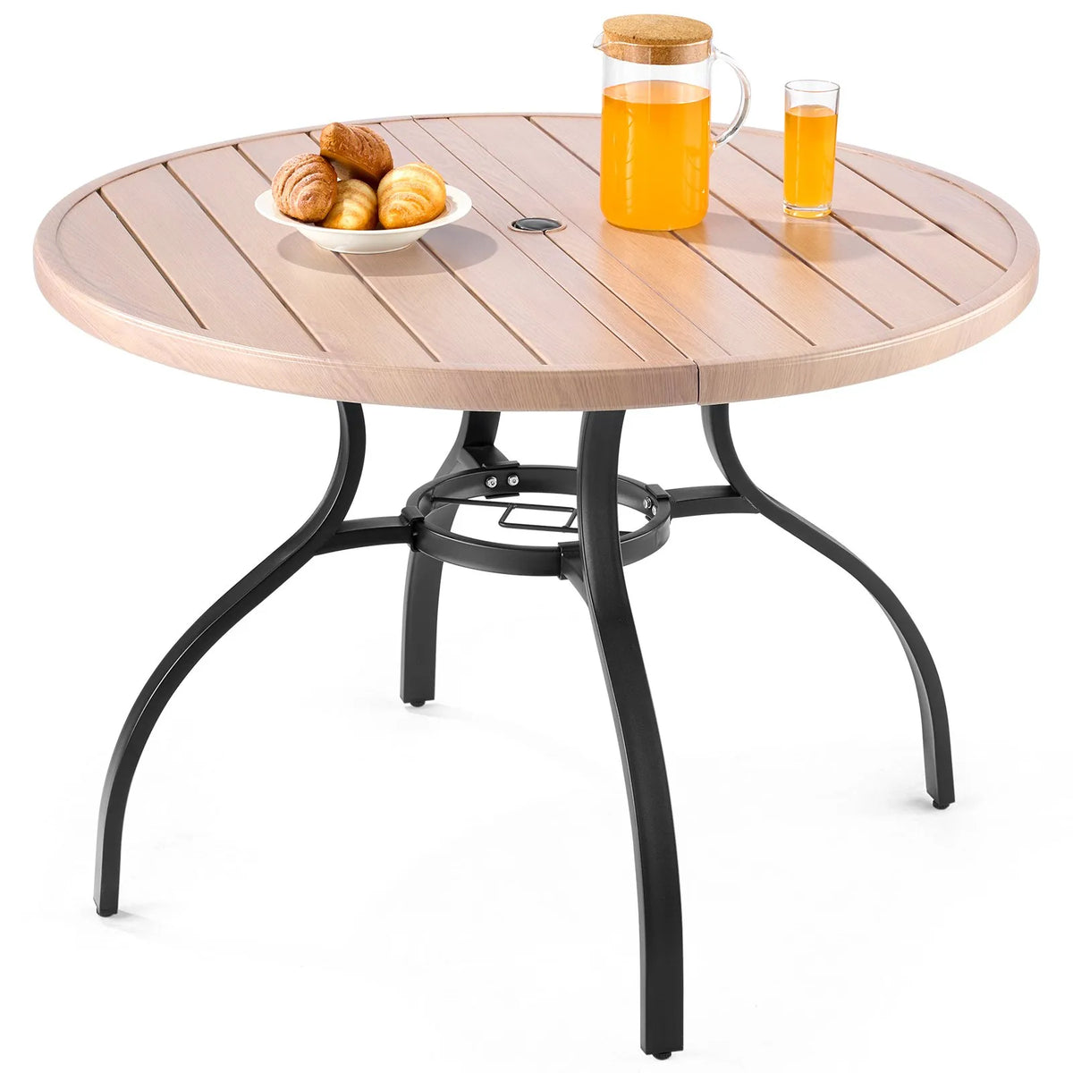 VEVOR Outdoor Round Garden Table, 103 cm, Steel Layered Construction with Wood Texture, Seats 4, 38 mm Umbrella Hole, Weather-Resistant Table for Garden, Terrace and Patio, Grey