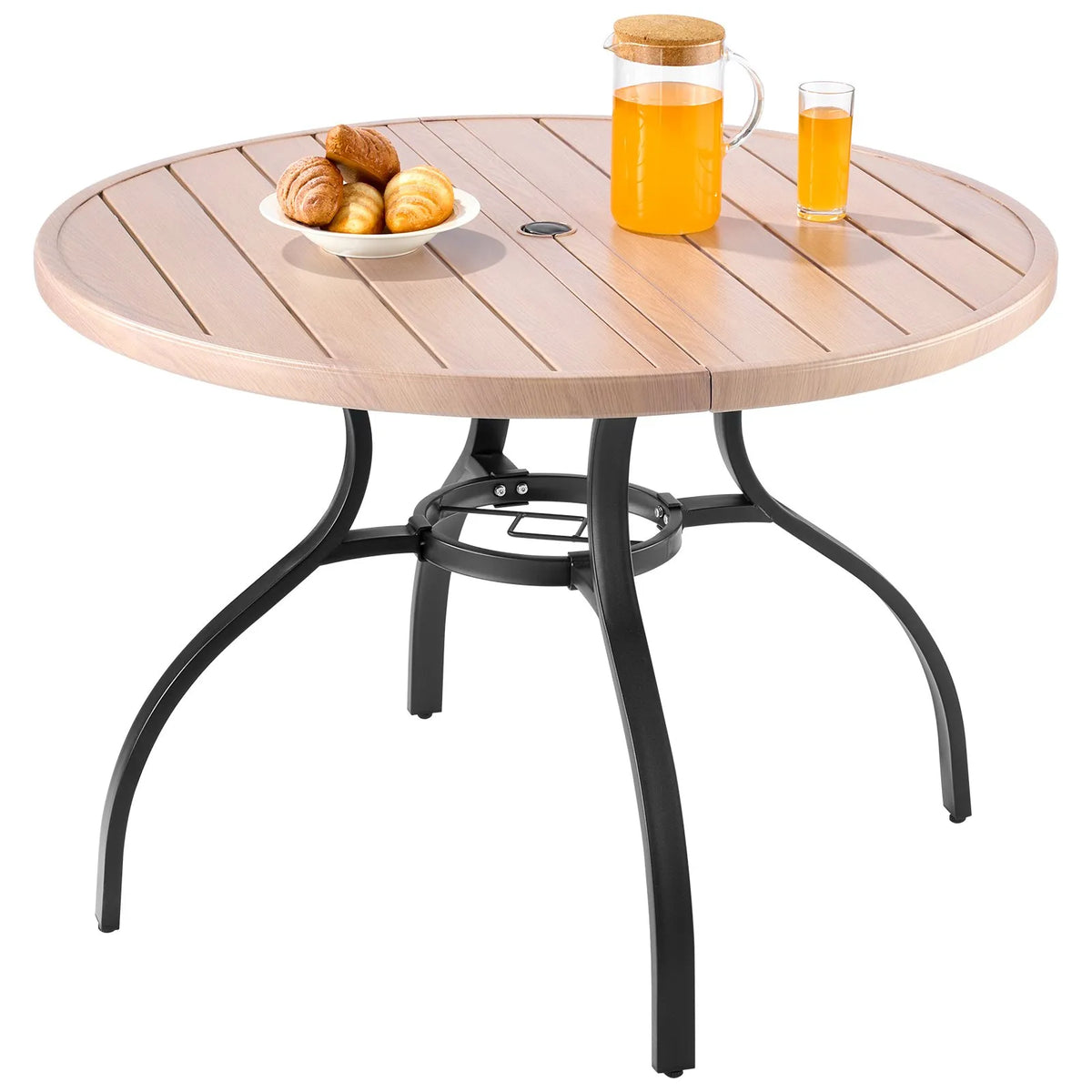 VEVOR Outdoor Round Garden Table, 103 cm, Steel Layered Construction with Wood Texture, Seats 4, 38 mm Umbrella Hole, Weather-Resistant Table for Garden, Terrace and Patio, Grey