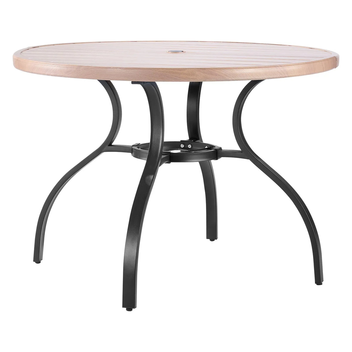 VEVOR Outdoor Round Garden Table, 103 cm, Steel Layered Construction with Wood Texture, Seats 4, 38 mm Umbrella Hole, Weather-Resistant Table for Garden, Terrace and Patio, Grey