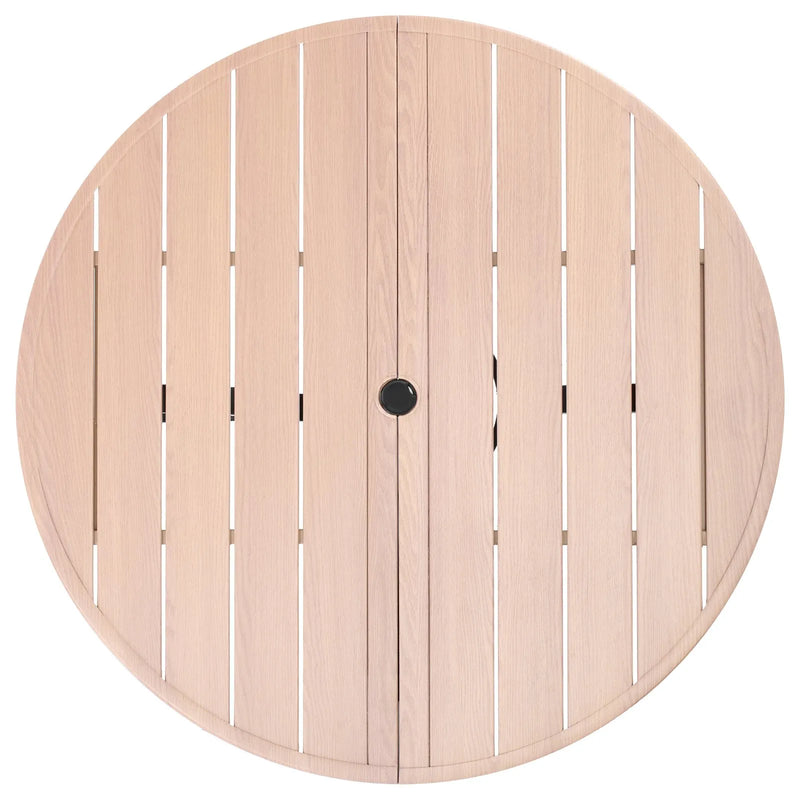 VEVOR āra apaļais dārza galds, 103 cm, tērauda slāņu konstrukcija ar koka faktūru, piemērots 4 personām, ar 38 mm saulessarga atveri, laikapstākļu izturīgs galds dārzam, terasei un pagalmam, pelēks