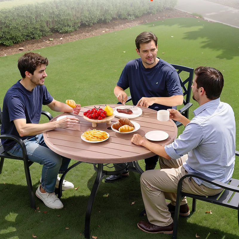 VEVOR āra apaļais dārza galds, 103 cm, tērauda slāņu konstrukcija ar koka faktūru, piemērots 4 personām, ar 38 mm saulessarga atveri, laikapstākļu izturīgs galds dārzam, terasei un pagalmam, pelēks