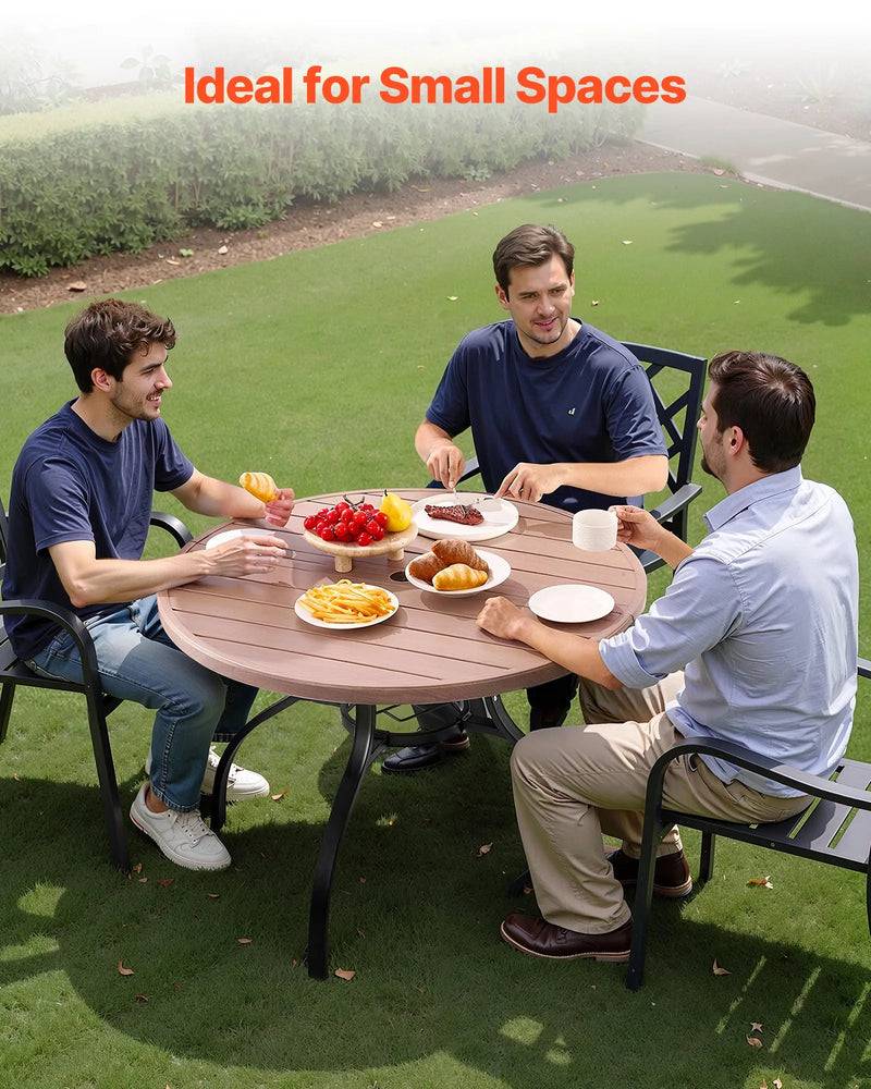 VEVOR āra apaļais dārza galds, 103 cm, tērauda slāņu konstrukcija ar koka faktūru, piemērots 4 personām, ar 38 mm saulessarga atveri, laikapstākļu izturīgs galds dārzam, terasei un pagalmam, pelēks