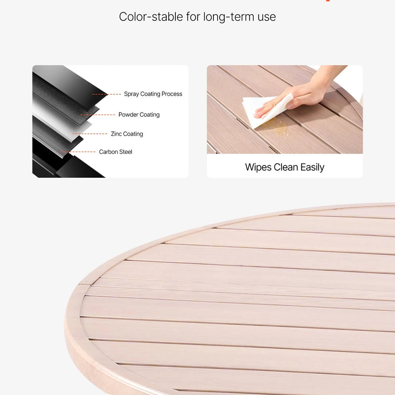 VEVOR āra apaļais dārza galds, 103 cm, tērauda slāņu konstrukcija ar koka faktūru, piemērots 4 personām, ar 38 mm saulessarga atveri, laikapstākļu izturīgs galds dārzam, terasei un pagalmam, pelēks