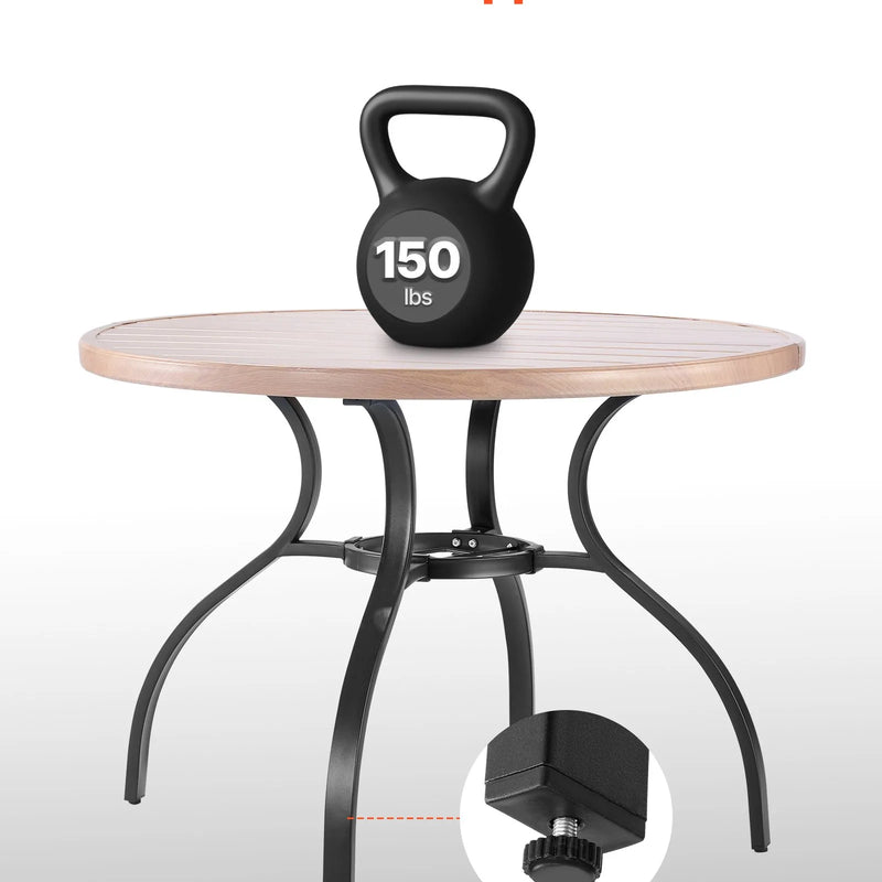 VEVOR āra apaļais dārza galds, 103 cm, tērauda slāņu konstrukcija ar koka faktūru, piemērots 4 personām, ar 38 mm saulessarga atveri, laikapstākļu izturīgs galds dārzam, terasei un pagalmam, pelēks