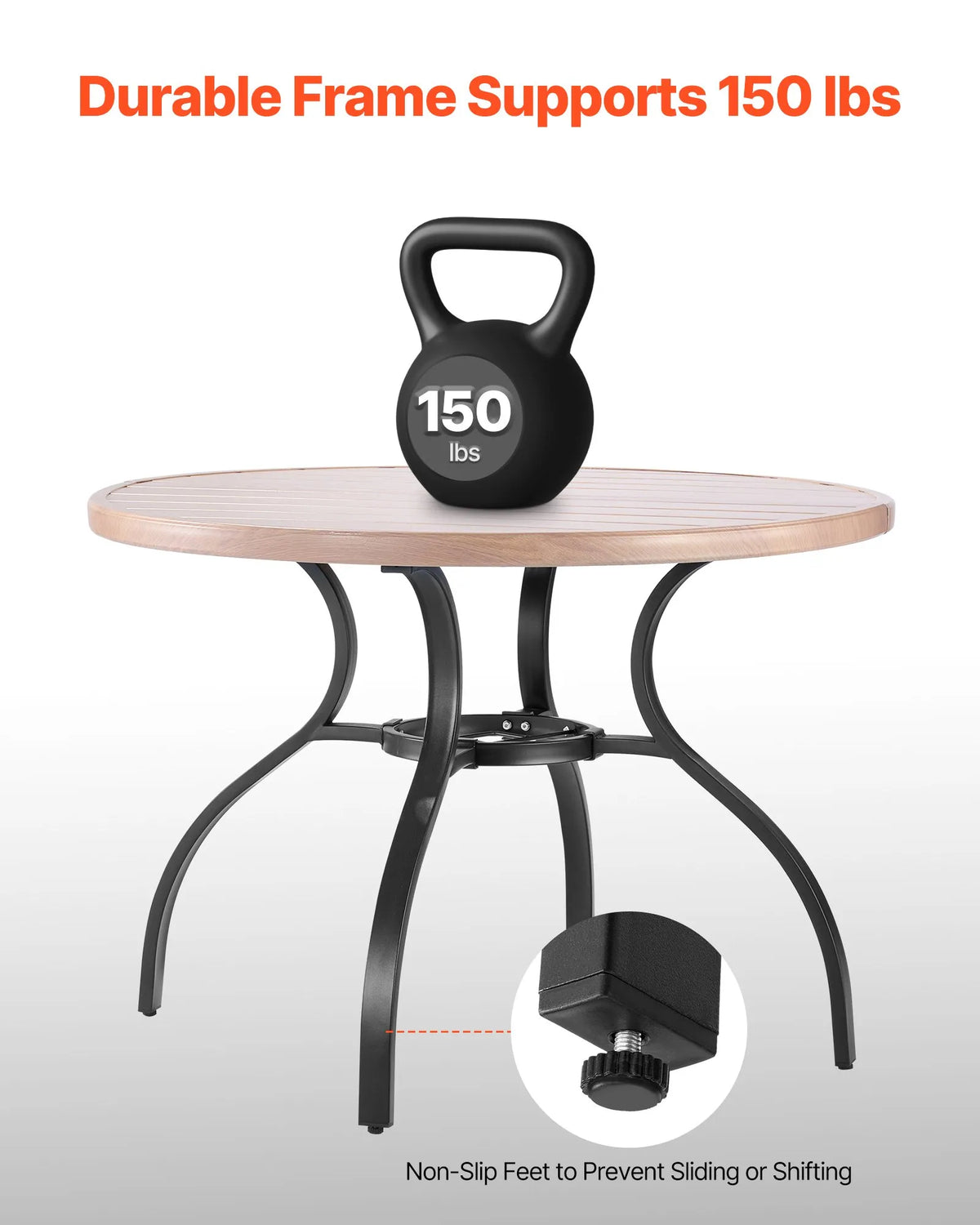 VEVOR Outdoor Round Garden Table, 103 cm, Steel Layered Construction with Wood Texture, Seats 4, 38 mm Umbrella Hole, Weather-Resistant Table for Garden, Terrace and Patio, Grey