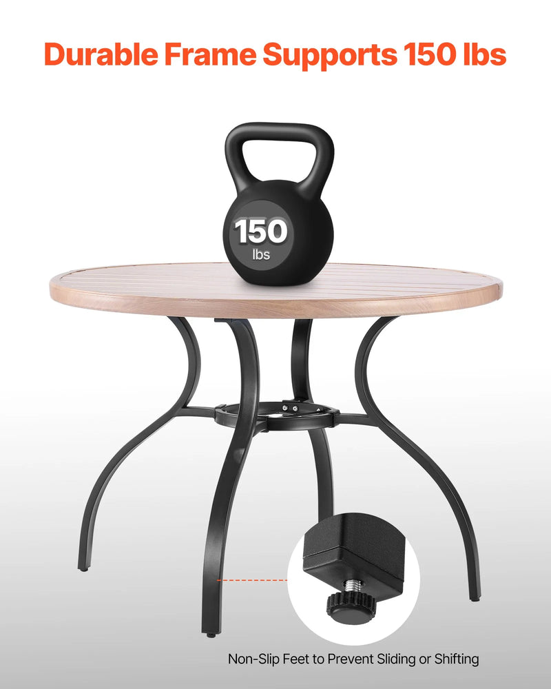 VEVOR āra apaļais dārza galds, 103 cm, tērauda slāņu konstrukcija ar koka faktūru, piemērots 4 personām, ar 38 mm saulessarga atveri, laikapstākļu izturīgs galds dārzam, terasei un pagalmam, pelēks