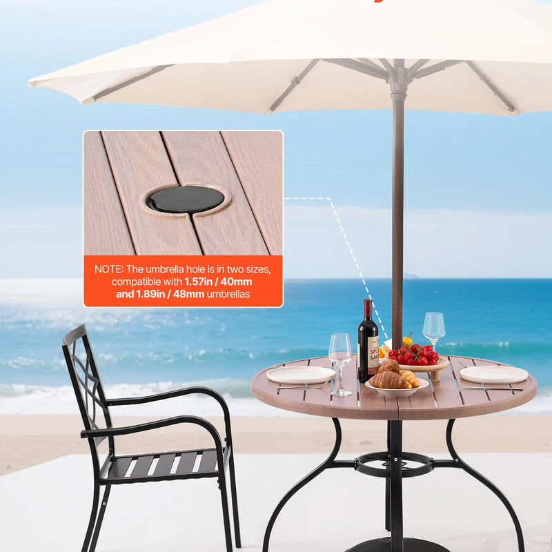 VEVOR āra apaļais dārza galds, 103 cm, tērauda slāņu konstrukcija ar koka faktūru, piemērots 4 personām, ar 38 mm saulessarga atveri, laikapstākļu izturīgs galds dārzam, terasei un pagalmam, pelēks