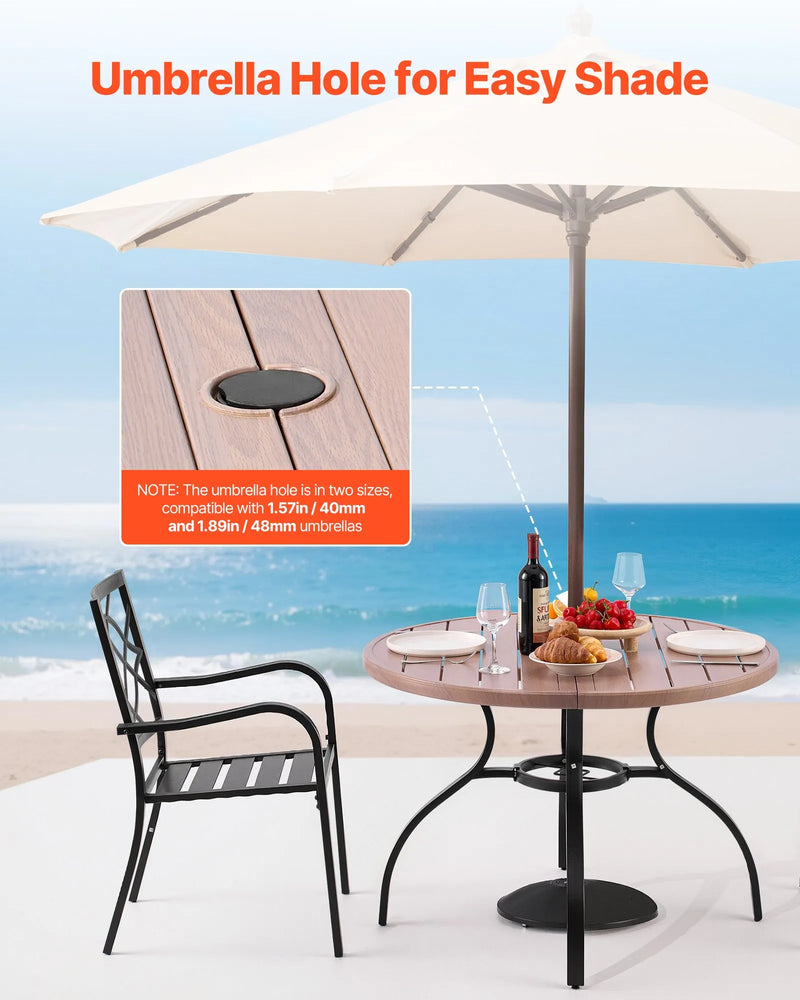 VEVOR āra apaļais dārza galds, 103 cm, tērauda slāņu konstrukcija ar koka faktūru, piemērots 4 personām, ar 38 mm saulessarga atveri, laikapstākļu izturīgs galds dārzam, terasei un pagalmam, pelēks