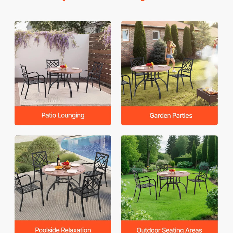 VEVOR āra apaļais dārza galds, 103 cm, tērauda slāņu konstrukcija ar koka faktūru, piemērots 4 personām, ar 38 mm saulessarga atveri, laikapstākļu izturīgs galds dārzam, terasei un pagalmam, pelēks