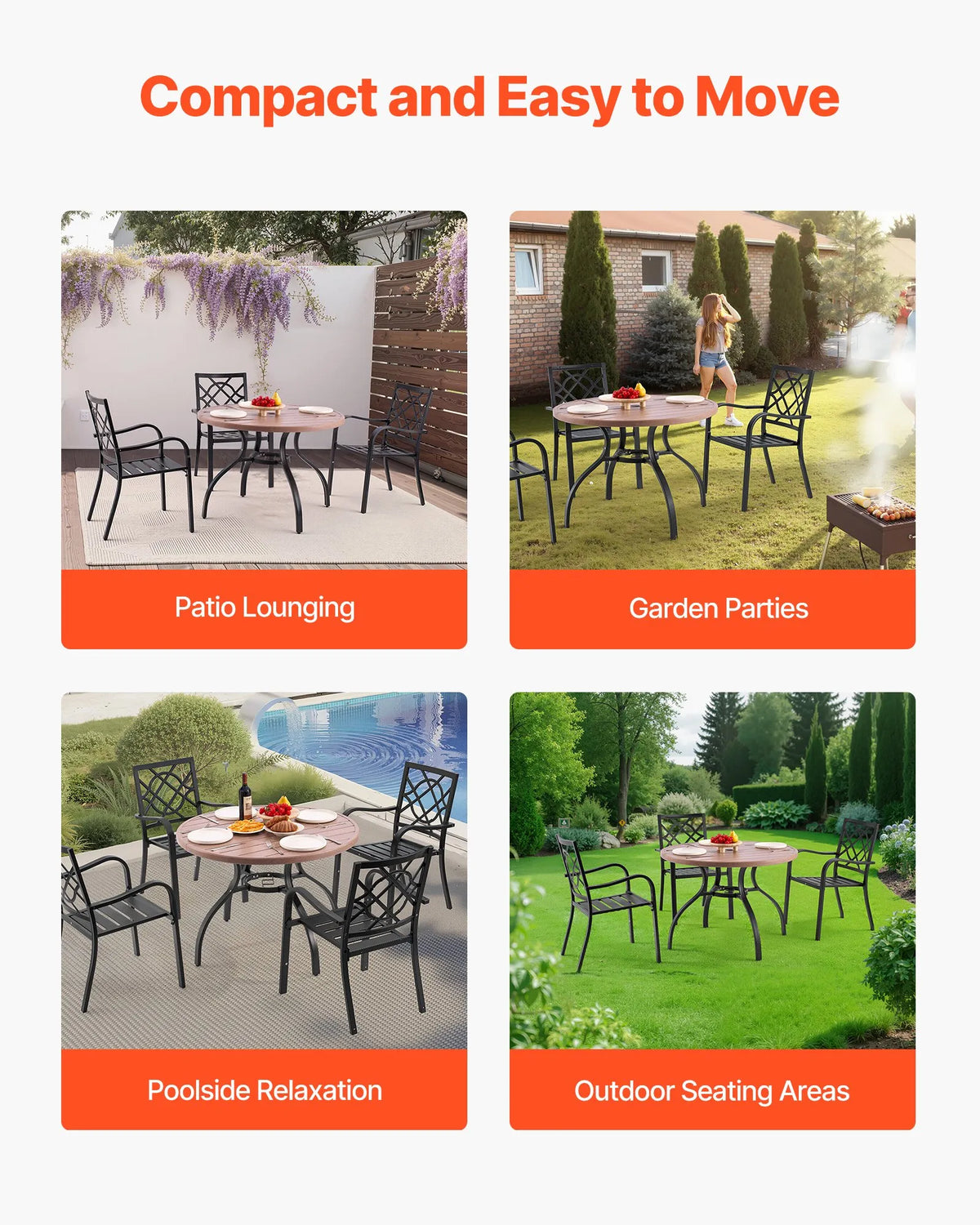VEVOR Outdoor Round Garden Table, 103 cm, Steel Layered Construction with Wood Texture, Seats 4, 38 mm Umbrella Hole, Weather-Resistant Table for Garden, Terrace and Patio, Grey