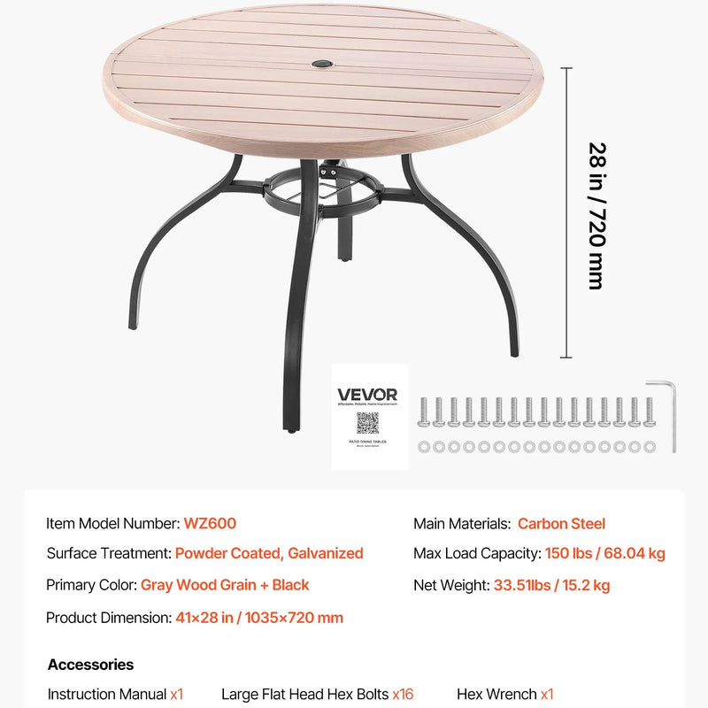 VEVOR āra apaļais dārza galds, 103 cm, tērauda slāņu konstrukcija ar koka faktūru, piemērots 4 personām, ar 38 mm saulessarga atveri, laikapstākļu izturīgs galds dārzam, terasei un pagalmam, pelēks