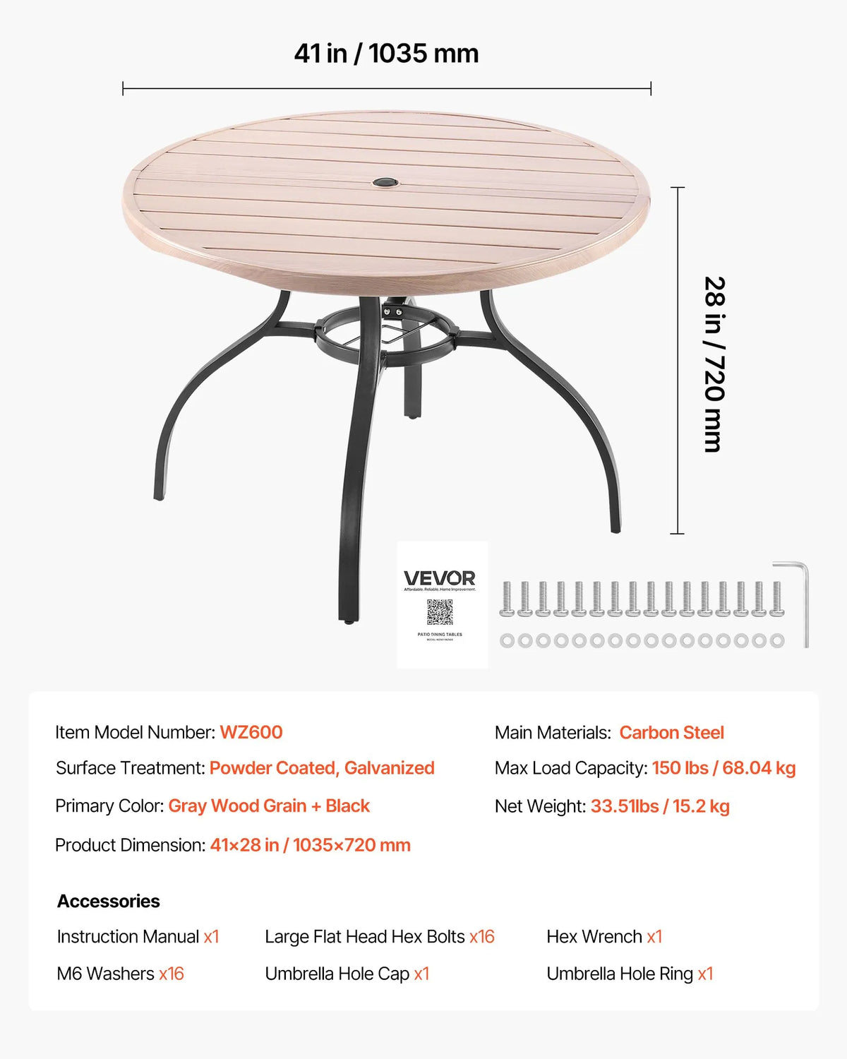 VEVOR Outdoor Round Garden Table, 103 cm, Steel Layered Construction with Wood Texture, Seats 4, 38 mm Umbrella Hole, Weather-Resistant Table for Garden, Terrace and Patio, Grey