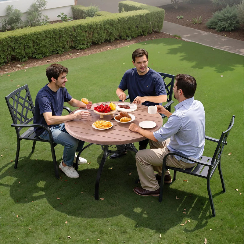 VEVOR āra apaļais dārza galds, 103 cm, tērauda slāņu konstrukcija ar koka faktūru, piemērots 4 personām, ar 38 mm saulessarga atveri, laikapstākļu izturīgs galds dārzam, terasei un pagalmam, pelēks