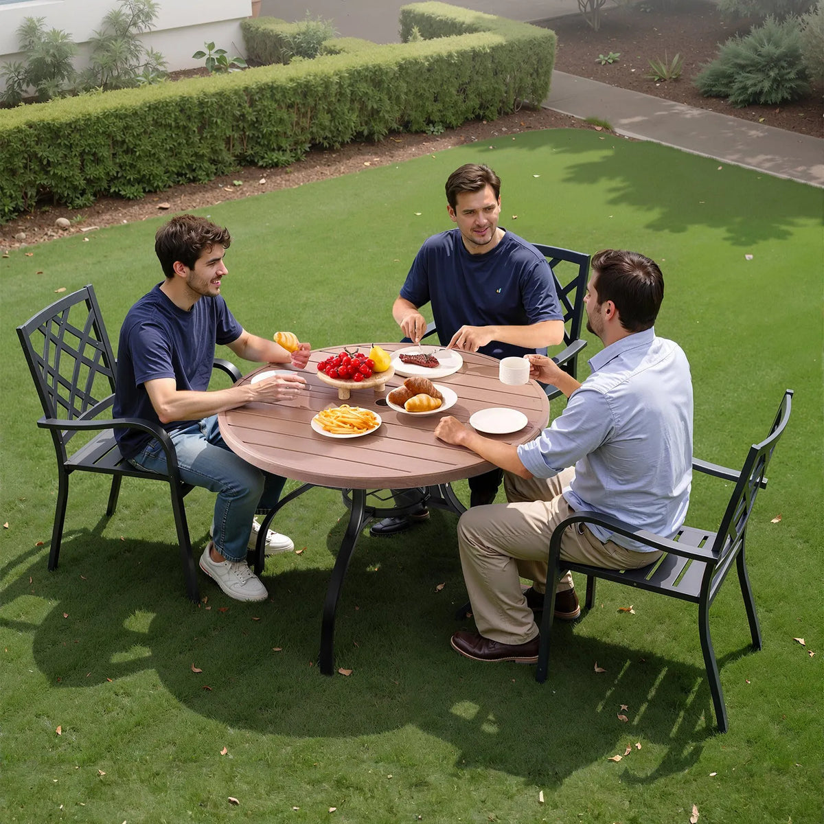 VEVOR Outdoor Round Garden Table, 103 cm, Steel Layered Construction with Wood Texture, Seats 4, 38 mm Umbrella Hole, Weather-Resistant Table for Garden, Terrace and Patio, Grey