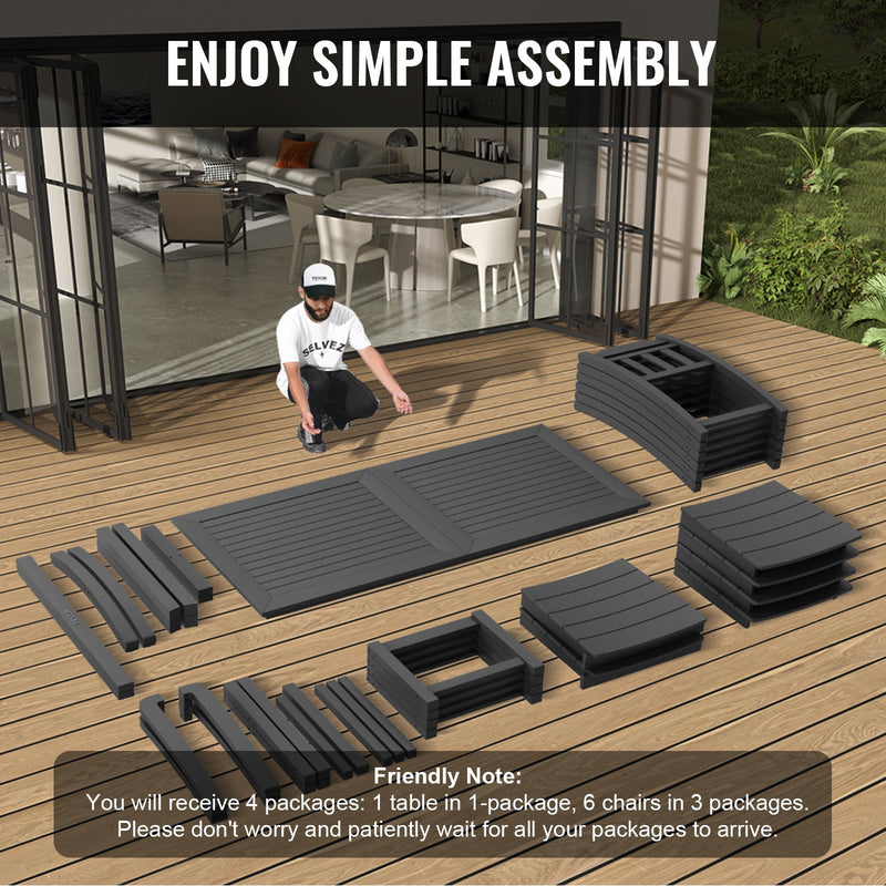 VEVOR 7 daļīgs āra ēdamistabas komplekts, taisnstūrveida galds un krēsli, piemērots visiem laikapstākļiem, HIPS dārza mēbeļu komplekts, melns