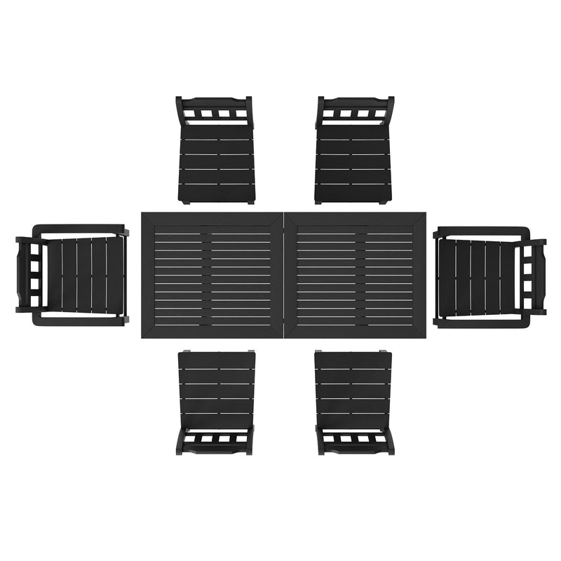 VEVOR 7 daļīgs āra ēdamistabas komplekts, taisnstūrveida galds un krēsli, piemērots visiem laikapstākļiem, HIPS dārza mēbeļu komplekts, melns