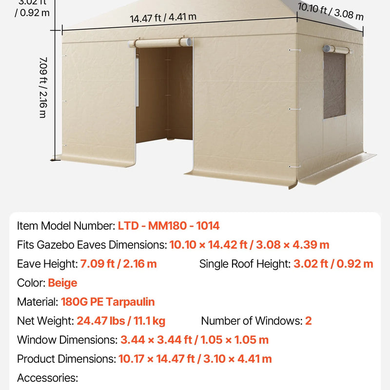 Ziemas paviljona pārsegs, piemērots 3,08 × 4,39 m cietā jumta paviljoniem, ar sienām un logiem, augstas blīvuma PE materiāls