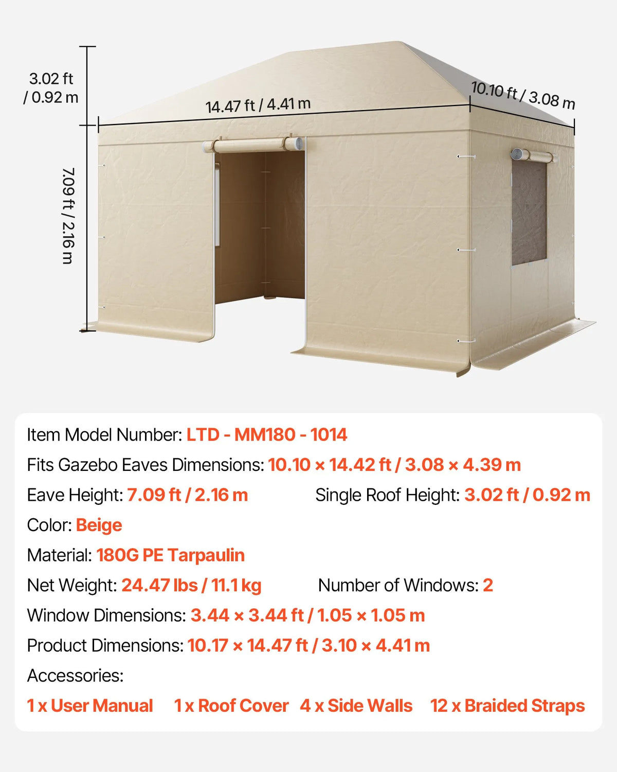 Winter Pavilion Cover, Suitable for 3.08 × 4.39 m Hard Roof Gazebos, with Walls and Windows, High-Density PE Material