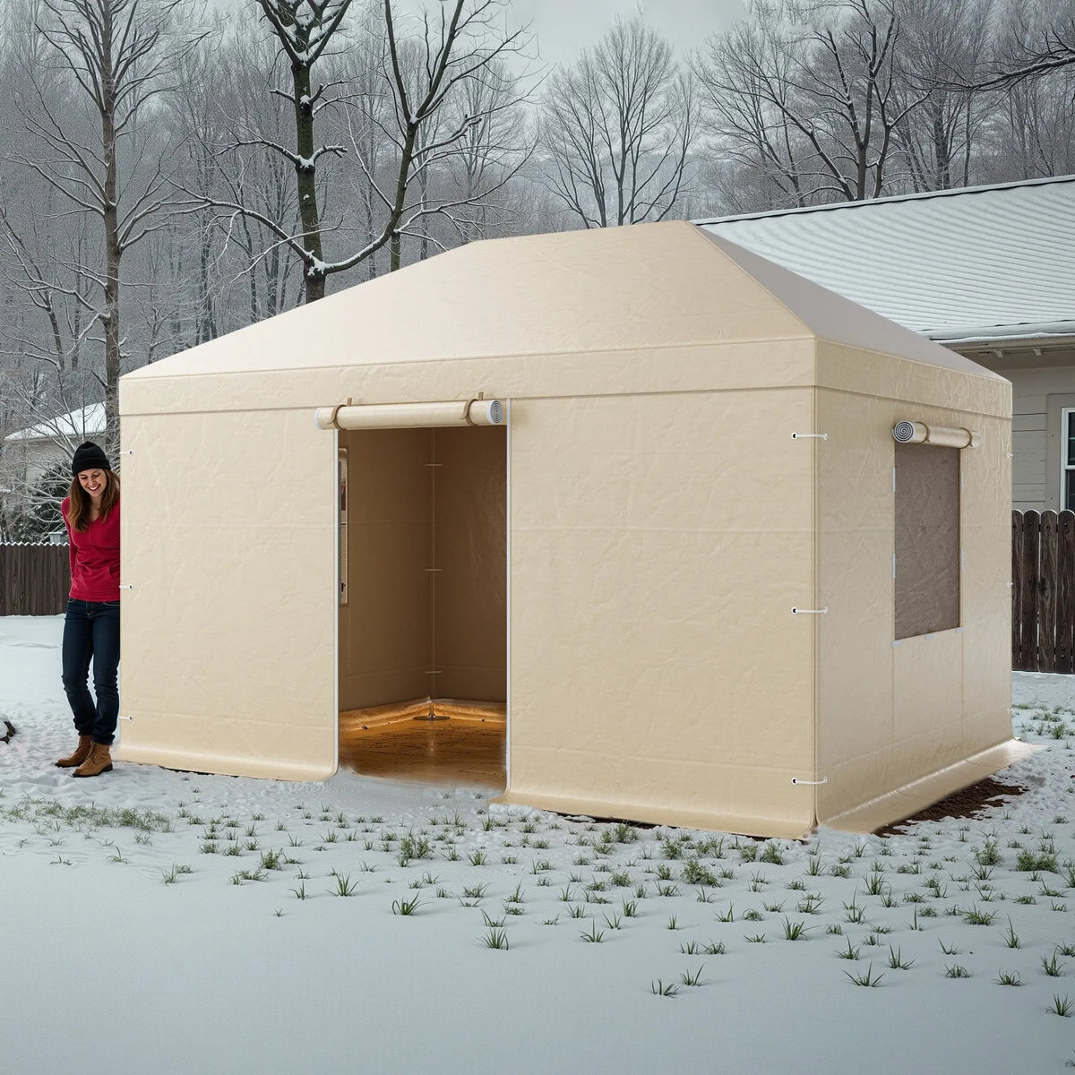 Winter Pavilion Cover, Suitable for 3.08 × 4.39 m Hard Roof Gazebos, with Walls and Windows, High-Density PE Material