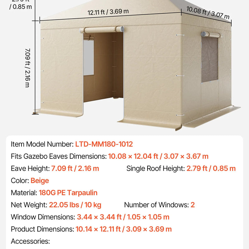Ziemas paviljona pārsegs, piemērots 3,07 × 3,67 m cietā jumta paviljoniem, ar sienām un logiem, augstas blīvuma PE materiāls