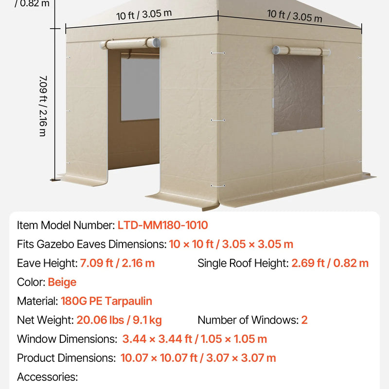 Ziemas paviljona pārsegs, piemērots 3,05 × 3,05 m cietā jumta paviljoniem, ar sienām un logiem, augstas blīvuma PE materiāls