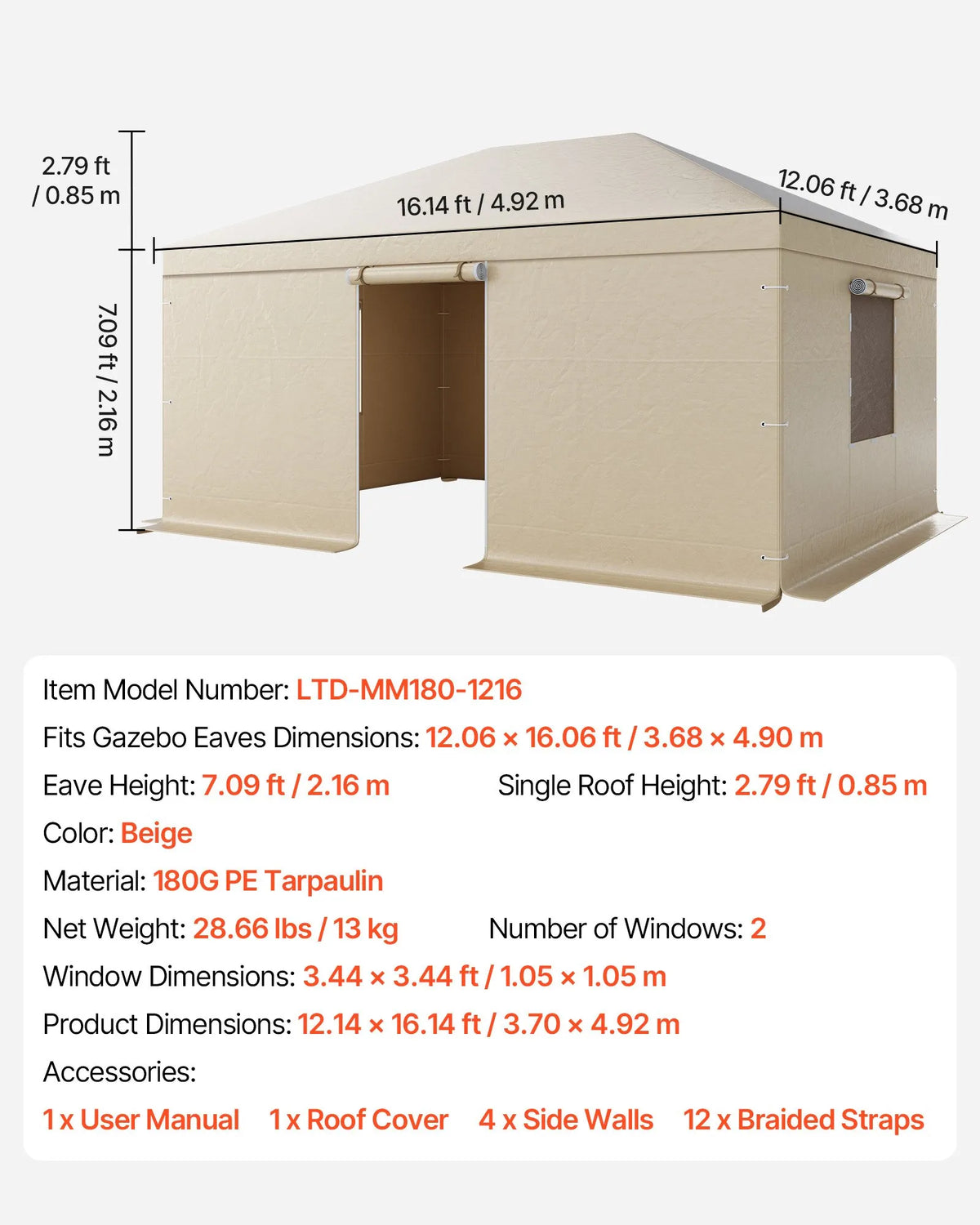 Winter Pavilion Cover, Suitable for 3.68 × 4.90 m Hard Roof Gazebos, with Walls and Windows, High-Density PE Material