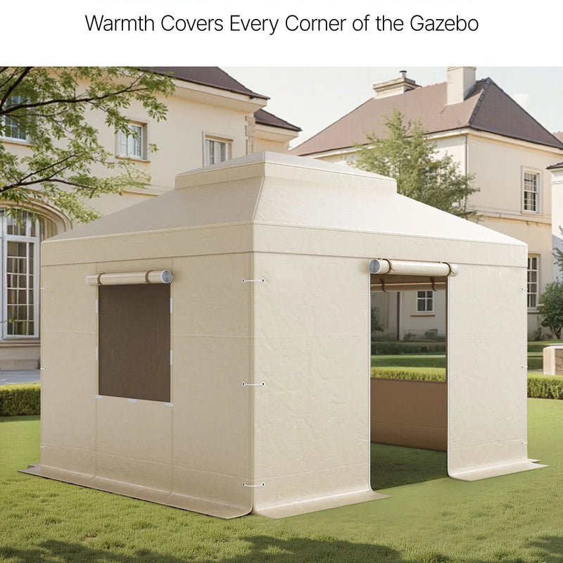 Ziemas paviljona pārsegs, piemērots 3,05 × 3,65 m cietā jumta paviljoniem, divslāņu, ar sienām un logiem, augstas blīvuma PE materiāls