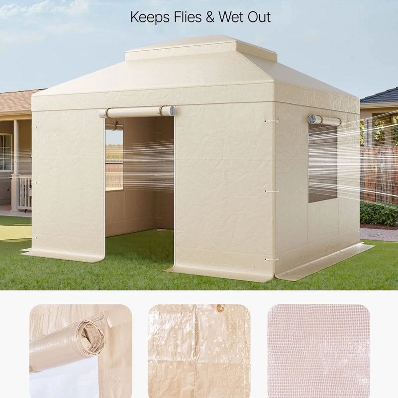 Ziemas paviljona pārsegs, piemērots 3,05 × 3,65 m cietā jumta paviljoniem, divslāņu, ar sienām un logiem, augstas blīvuma PE materiāls