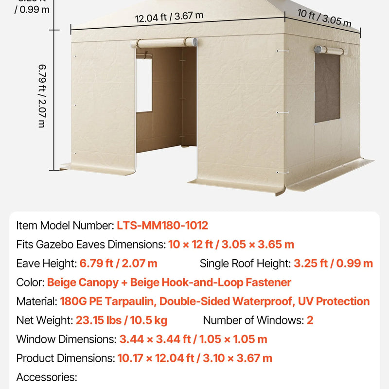 Ziemas paviljona pārsegs, piemērots 3,05 × 3,65 m cietā jumta paviljoniem, divslāņu, ar sienām un logiem, augstas blīvuma PE materiāls
