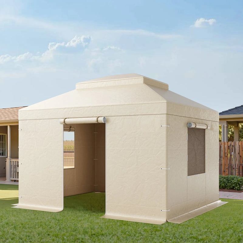 Ziemas paviljona pārsegs, piemērots 3,05 × 3,65 m cietā jumta paviljoniem, divslāņu, ar sienām un logiem, augstas blīvuma PE materiāls