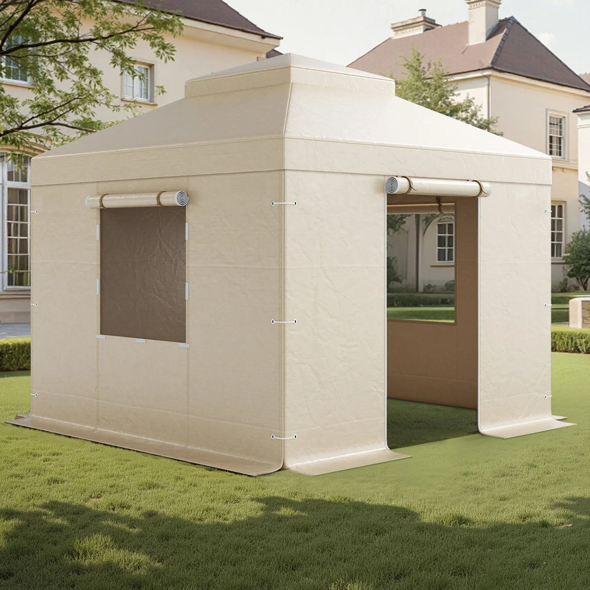 Ziemas paviljona pārsegs, piemērots 3,05 × 3,05 m cietā jumta paviljoniem, divslāņu, ar sienām un logiem, augstas blīvuma PE materiāls