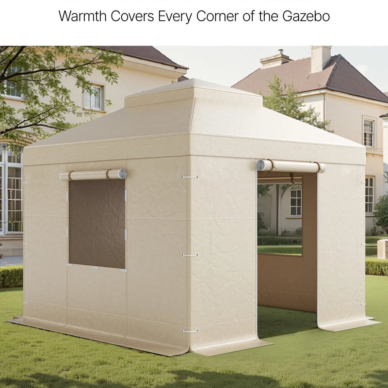 Ziemas paviljona pārsegs, piemērots 3,05 × 3,05 m cietā jumta paviljoniem, divslāņu, ar sienām un logiem, augstas blīvuma PE materiāls