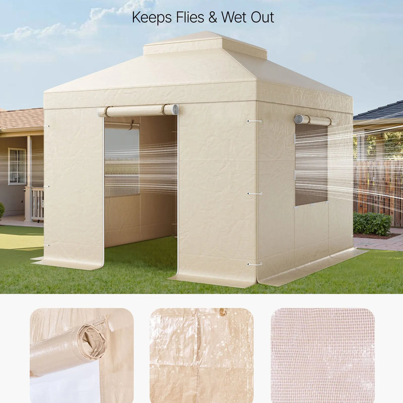 Ziemas paviljona pārsegs, piemērots 3,05 × 3,05 m cietā jumta paviljoniem, divslāņu, ar sienām un logiem, augstas blīvuma PE materiāls