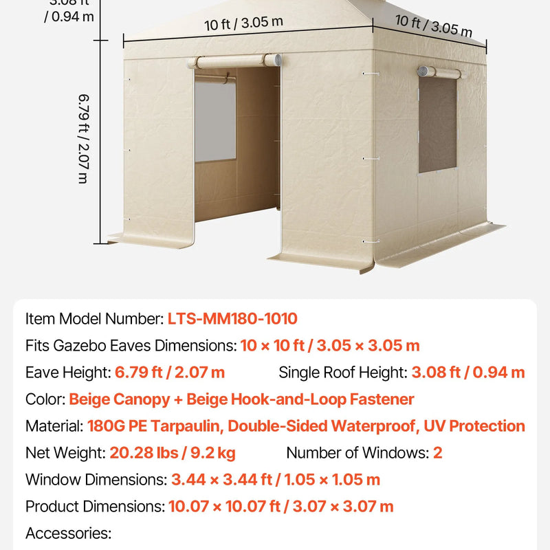 Ziemas paviljona pārsegs, piemērots 3,05 × 3,05 m cietā jumta paviljoniem, divslāņu, ar sienām un logiem, augstas blīvuma PE materiāls